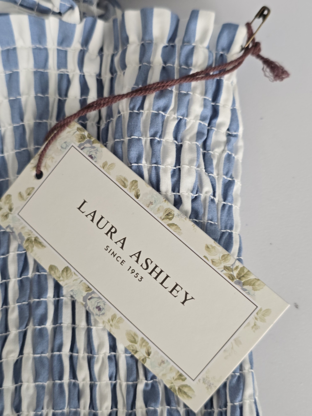 Laura Ashley Smoked Striped Midi Dress S Ruffle Sleeves Blue NWT - Picture 8 of 8